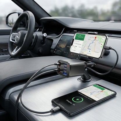 Verotixacosh 6-in-1 Retractable Car Charger - PD 30W Fast Charging Adapter with Built-in Cables for iPhone, Type-C & USB Devices