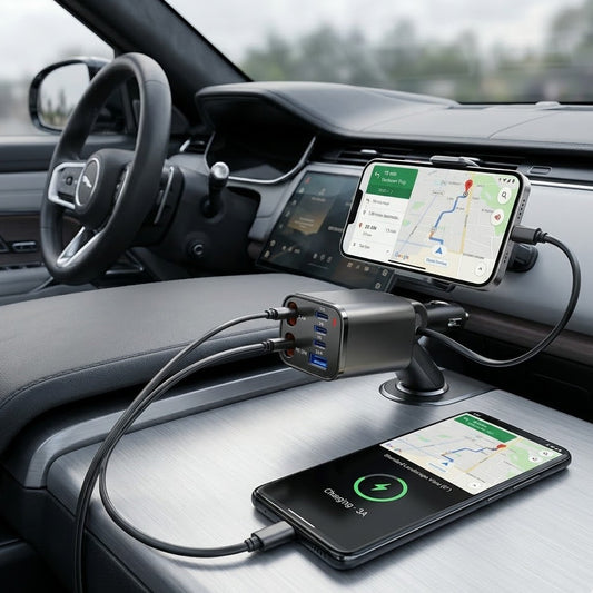 Verotixacosh 6-in-1 Retractable Car Charger - PD 30W Fast Charging Adapter with Built-in Cables for iPhone, Type-C & USB Devices