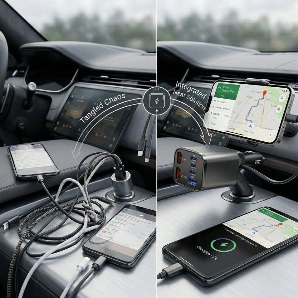 Verotixacosh 6-in-1 Retractable Car Charger - PD 30W Fast Charging Adapter with Built-in Cables for iPhone, Type-C & USB Devices