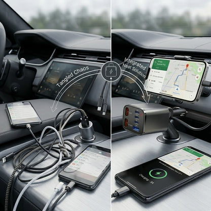 Verotixacosh 6-in-1 Retractable Car Charger - PD 30W Fast Charging Adapter with Built-in Cables for iPhone, Type-C & USB Devices