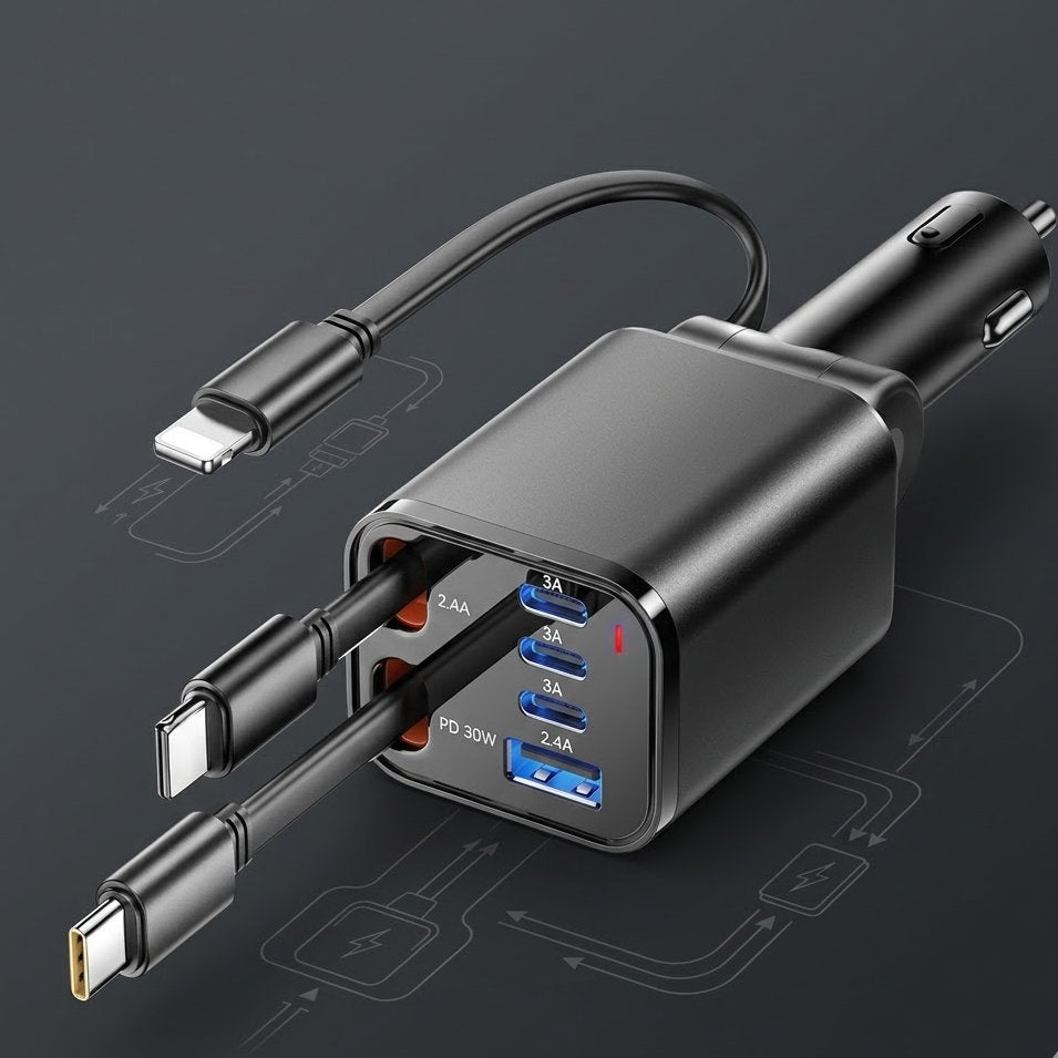 Verotixacosh 6-in-1 Retractable Car Charger - PD 30W Fast Charging Adapter with Built-in Cables for iPhone, Type-C & USB Devices