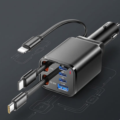 Verotixacosh 6-in-1 Retractable Car Charger - PD 30W Fast Charging Adapter with Built-in Cables for iPhone, Type-C & USB Devices
