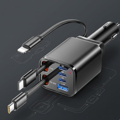 Snuffcup® 6-in-1 Retractable Car Charger - PD 30W Fast Charging Adapter with Built-in Cables for iPhone, Type-C & USB Devices