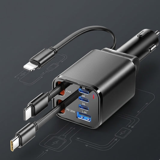 Verotixacosh 6-in-1 Retractable Car Charger - PD 30W Fast Charging Adapter with Built-in Cables for iPhone, Type-C & USB Devices